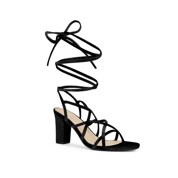BLISSFUL STEP Strappy Lace Up Slingback Block Heels Sandal for Women Black 9.5
