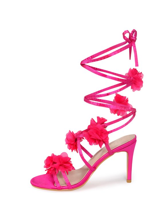 Women's Shoes Satin Lace-Up Floral Wrap Stiletto Dress Heeled Sandals Rose 10