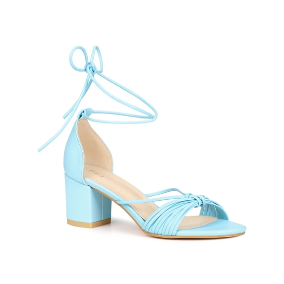 BLISSFUL STEP Strappy Open Toe Lace Up Chunky Heel Sandals for Women Sky Blue (Size 6)