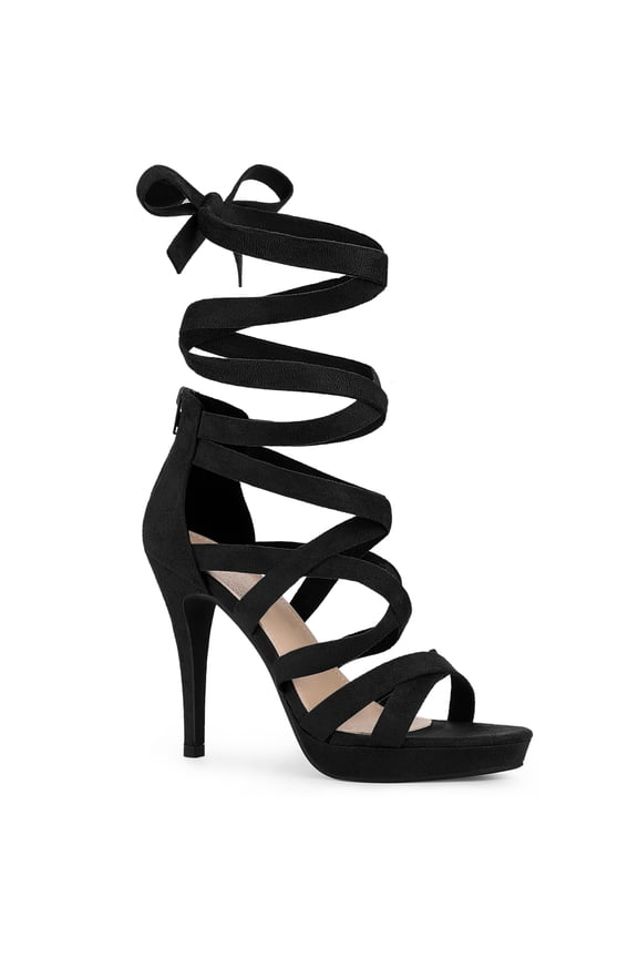 Strappy Platform Lace Up Stiletto Heels Sandals for Women Black 7