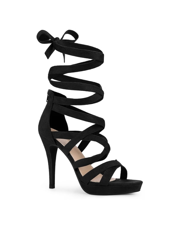 Strappy Platform Lace Up Stiletto Heels Sandals for Women Black 7