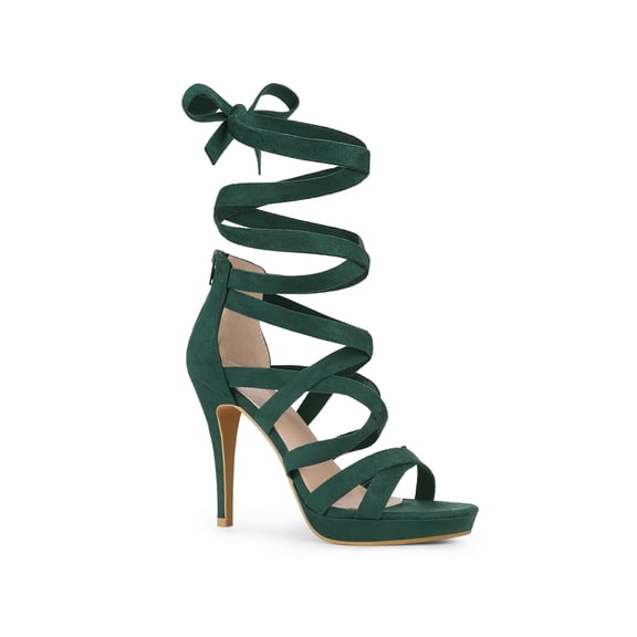 BLISSFUL STEP Strappy Platform Lace Up Stiletto Heels Sandals for Women Green 7.5