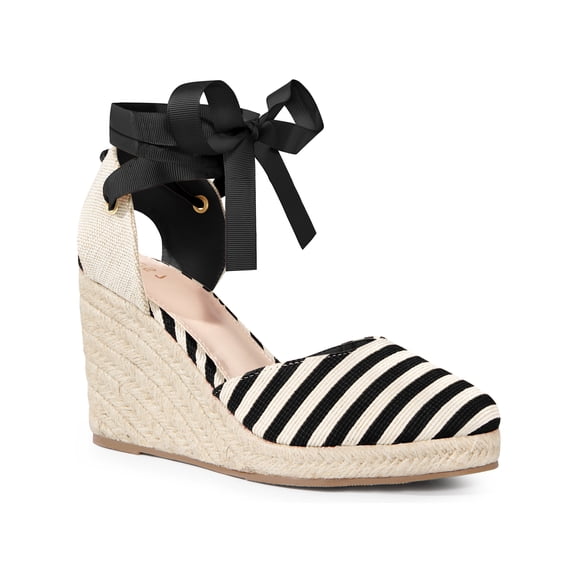 BLISSFUL STEP Women's Shoes Round Toe Stripe Lace Up Espadrilles Platform Wedge Sandals  Black 9.5