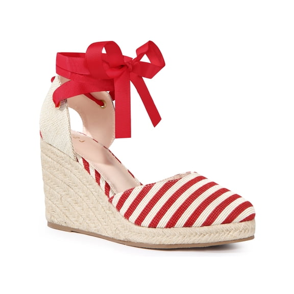 BLISSFUL STEP Stripe Lace Up Espadrilles Platform Wedge Sandals for Women Red 7.5