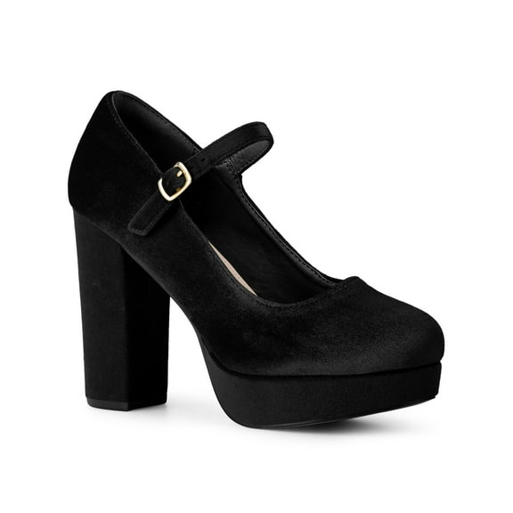 BLISSFUL STEP Women's Platform Mary Jane Heels Chunky Heel Ankle Strap Faux Velvet Pumps Black 6