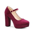 thumbnail image 1 of BLISSFUL STEP Women's Platform Mary Jane Heels Chunky Heel Ankle Strap Faux Velvet Pumps Burgundy 6, 1 of 6