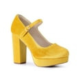 thumbnail image 1 of BLISSFUL STEP Women's Platform Mary Jane Heels Chunky Heel Ankle Strap Faux Velvet Pumps Yellow 8, 1 of 7