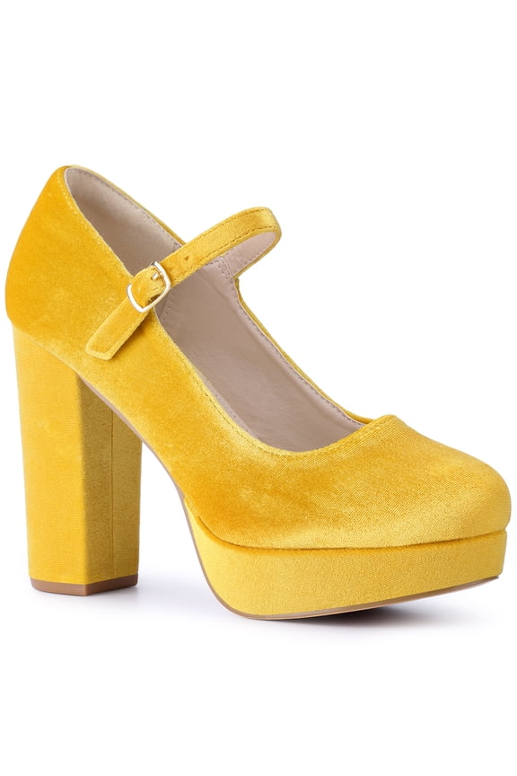 Women's Platform Mary Jane Heels Chunky Heel Ankle Strap Faux Velvet Pumps Yellow 8