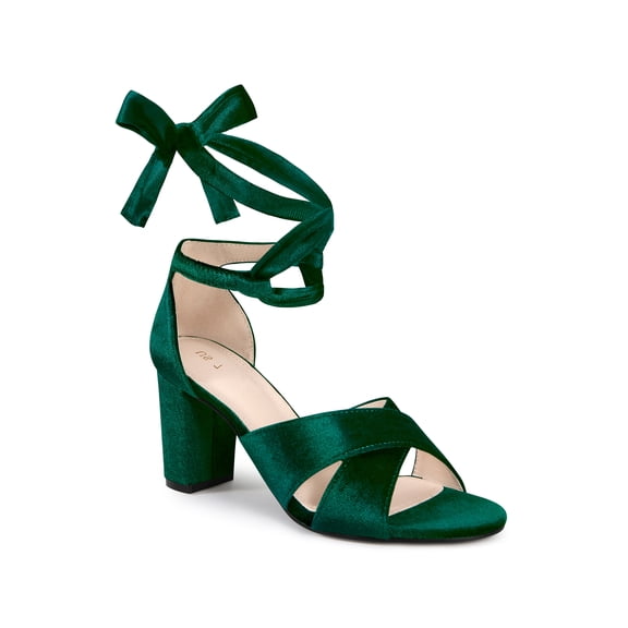 BLISSFUL STEP Women's Shoes Velvet Chunky Heel Crisscross Lace Up Open Toe Sandals Green 7.5