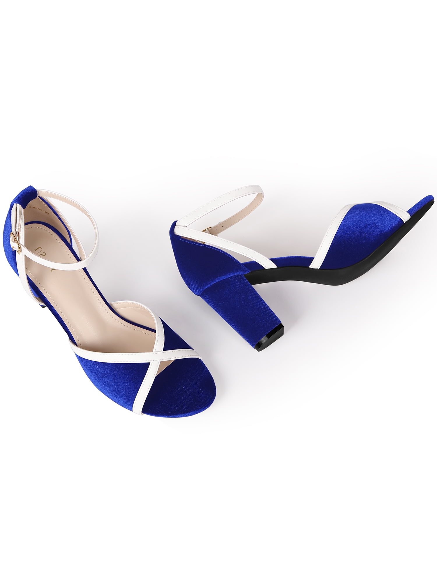 BLISSFUL STEP Velvet Colorblock Ankle Strap Chunky Heel Sandals for ...