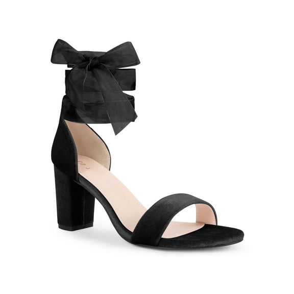 BLISSFUL STEP Velvet Open Toe Ankle Tie Block Heels Sandals for Women Black (Size 10)