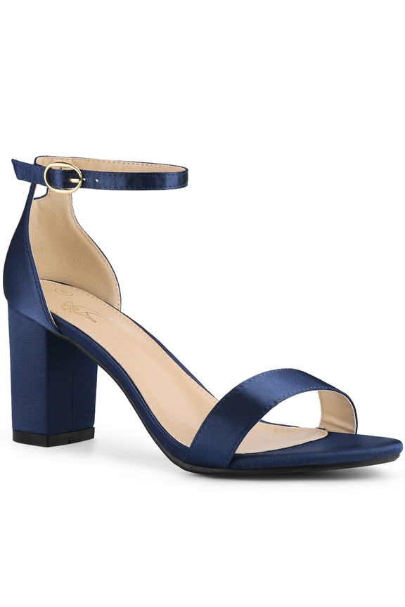 Women's Shoes Satin Chunky High Heel Ankle Strap Open Toe Sandals Navy Blue 9.5