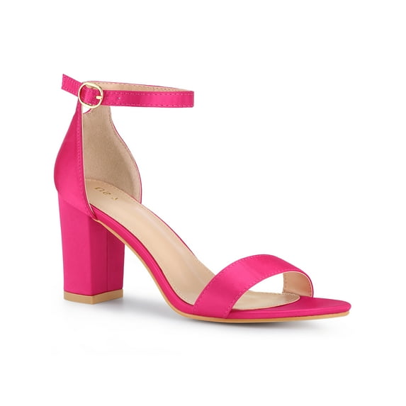 BLISSFUL STEP Women's Shoes Satin Chunky High Heel Ankle Strap Open Toe Sandals Fuchsia 9.5