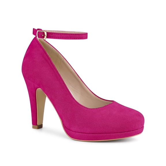 BLISSFUL STEP Women's Ankle Strap Round Toe Stiletto Heels Pumps Hot Pink (Size 7)