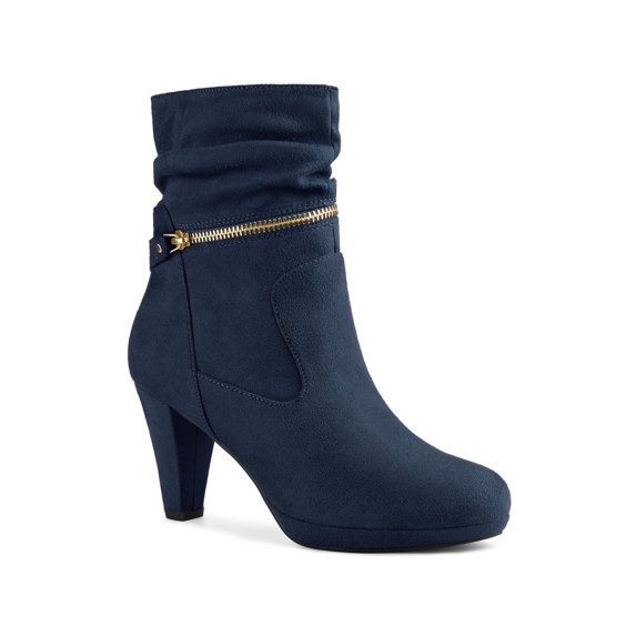 BLISSFUL STEP Women's Ankle Boots Faux Suede Mid-Calf Block Heel Round Toe Side Zipper Boots Navy Blue 6