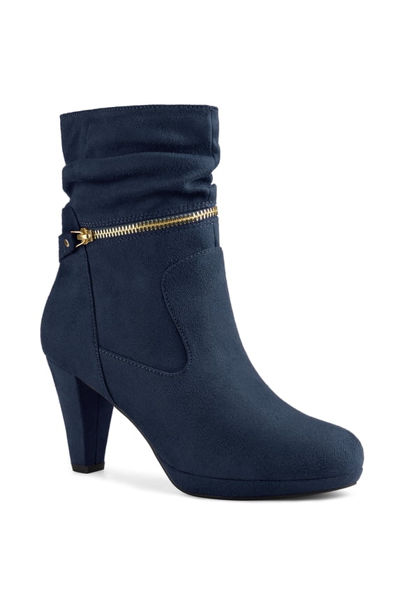 Women's Ankle Boots Faux Suede Mid-Calf Block Heel Round Toe Side Zipper Boots Navy Blue 9.5
