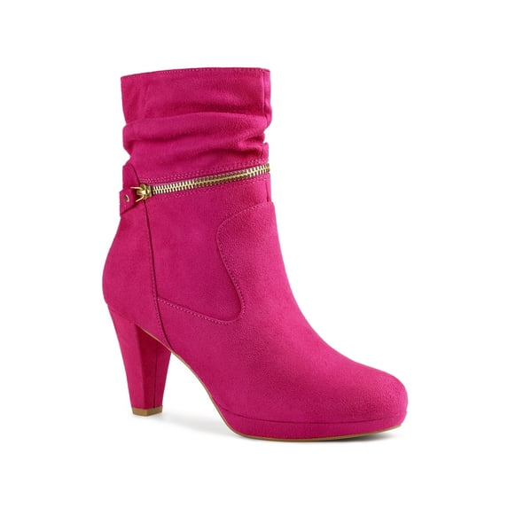 BLISSFUL STEP Women's Ankle Boots Faux Suede Mid-Calf Block Heel Round Toe Side Zipper Boots Hot Pink 6.5