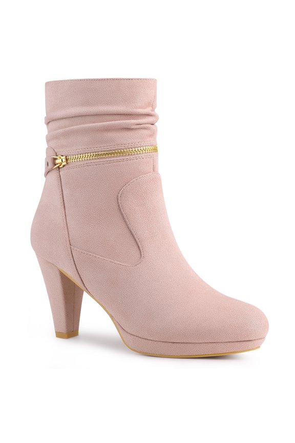 Women's Ankle Boots Faux Suede Mid-Calf Block Heel Round Toe Side Zipper Boots Dust Pink 7.5