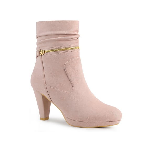 BLISSFUL STEP Women's Ankle Boots Faux Suede Mid-Calf Block Heel Round Toe Side Zipper Boots Dust Pink 6.5