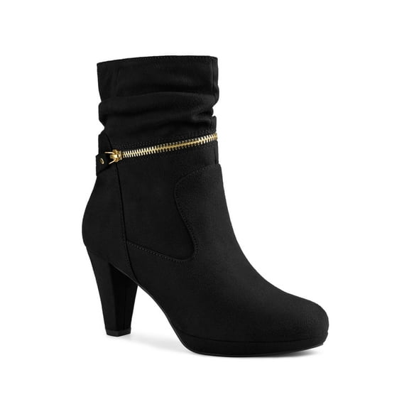 BLISSFUL STEP Women's Ankle Boots Faux Suede Mid-Calf Block Heel Round Toe Side Zipper Boots Black 8