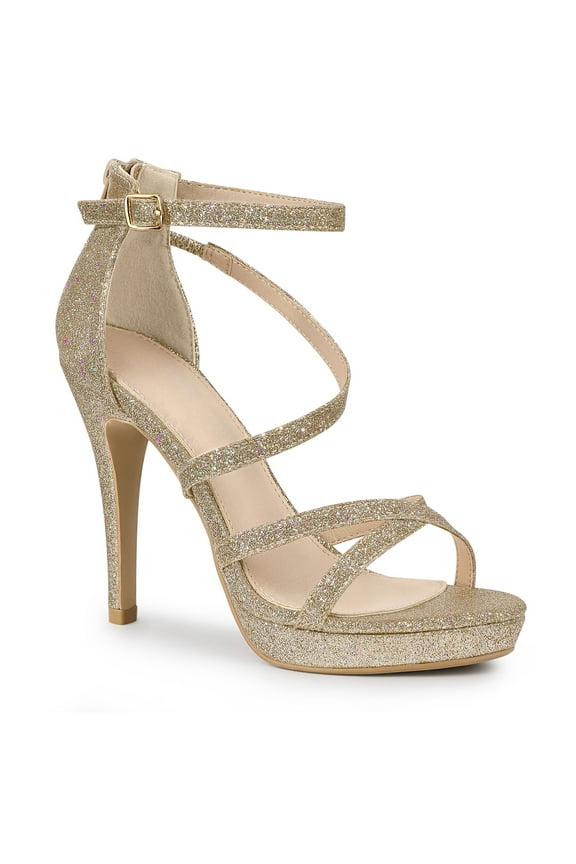 Women's Glitter Platform Strappy Stiletto Heel Sandals Gold (Size 10)