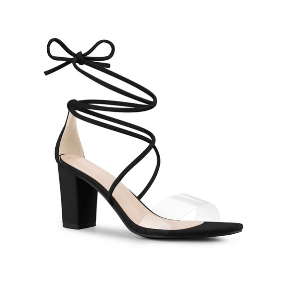 BLISSFUL STEP Women Lace Up Clear Strap Block Heels Sandals Black 7.5