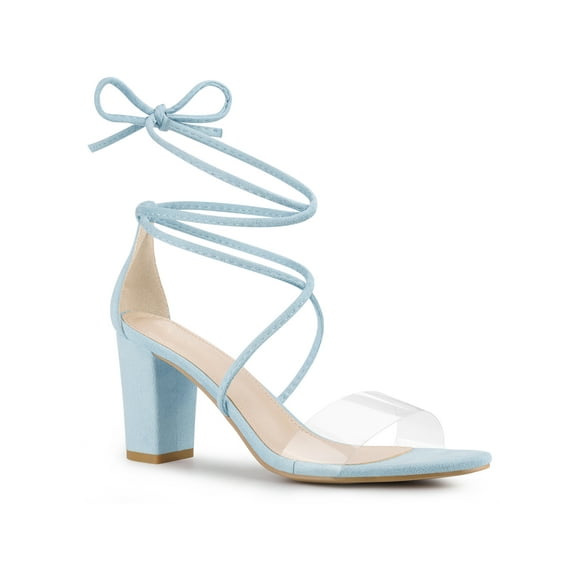 BLISSFUL STEP Women Lace Up Clear Strap Block Heels Sandals Sky Blue 7