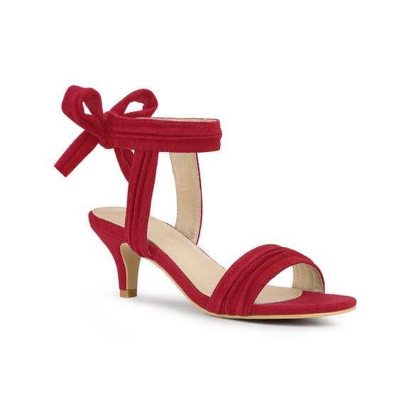 BLISSFUL STEP Women Open Toe Ankle Bow Tie Mid Heels Sandals Red 8