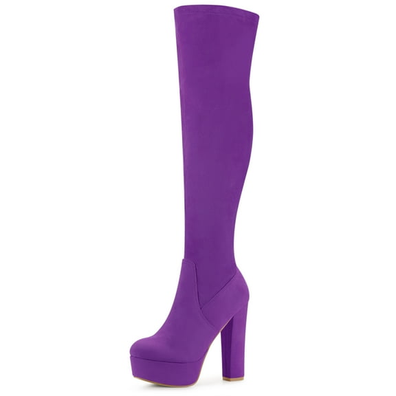 BLISSFUL STEP Women's Boots Platform Block Heel Over the Knee Thigh High Boots Purple 6