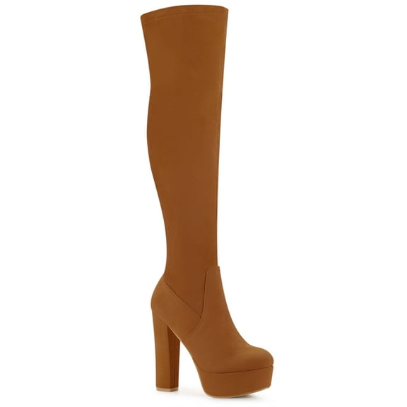 BLISSFUL STEP Women's Boots Platform Block Heel Over the Knee Thigh High Boots Brown 10
