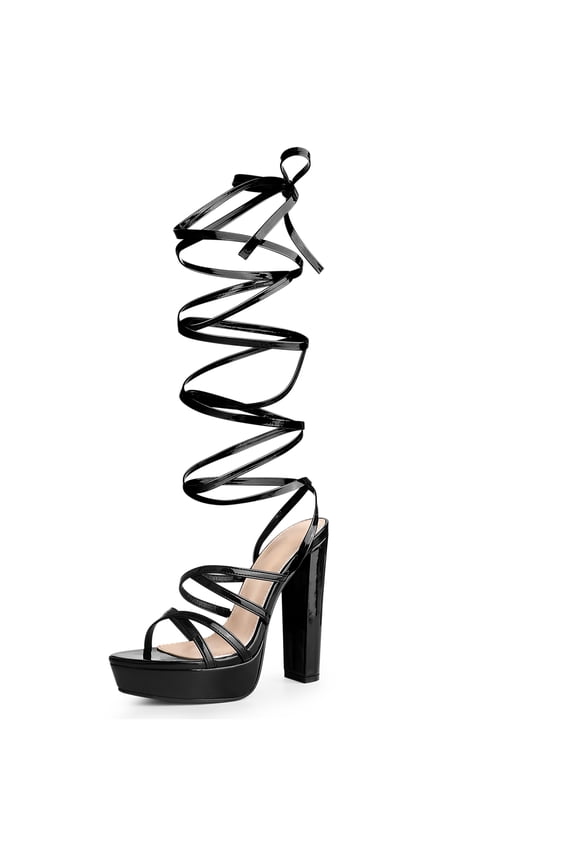 Women Platform Lace Up Block Heels Sandals for Women Black 9