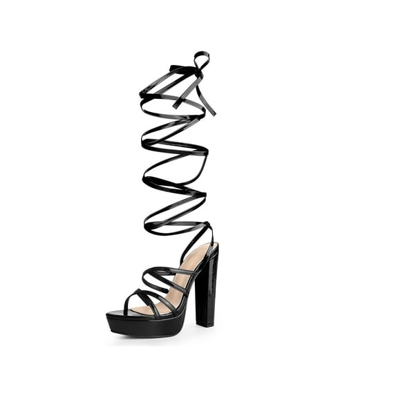 BLISSFUL STEP Women Platform Lace Up Block Heels Sandals for Women Black 6