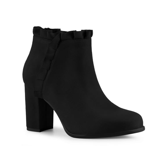 BLISSFUL STEP Women Ruffle Block High Heels Ankle Boots for Women Black 8