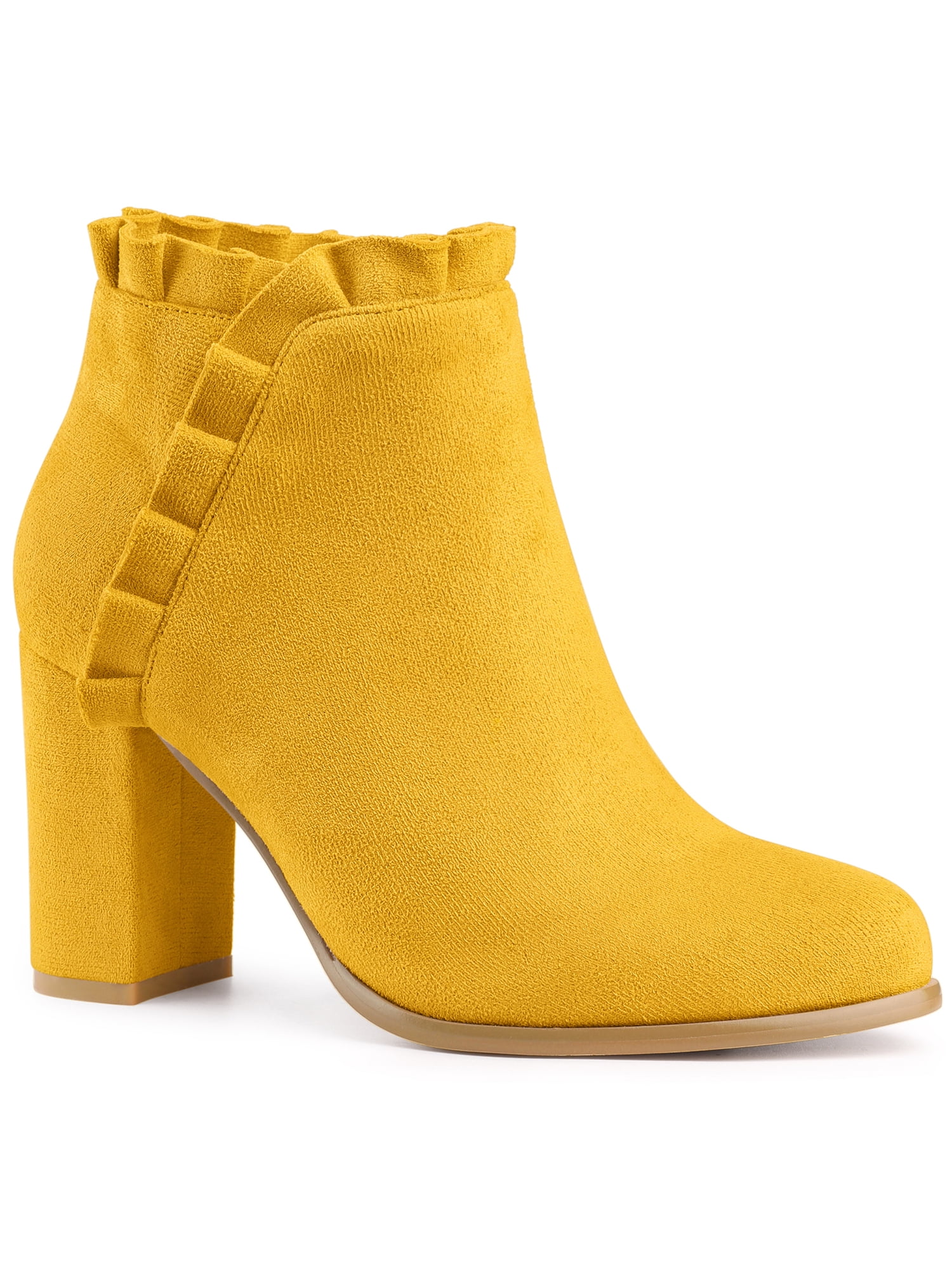 BLISSFUL STEP Women 's Boots Ruffle Block High Heel Round Toe Ankle ...