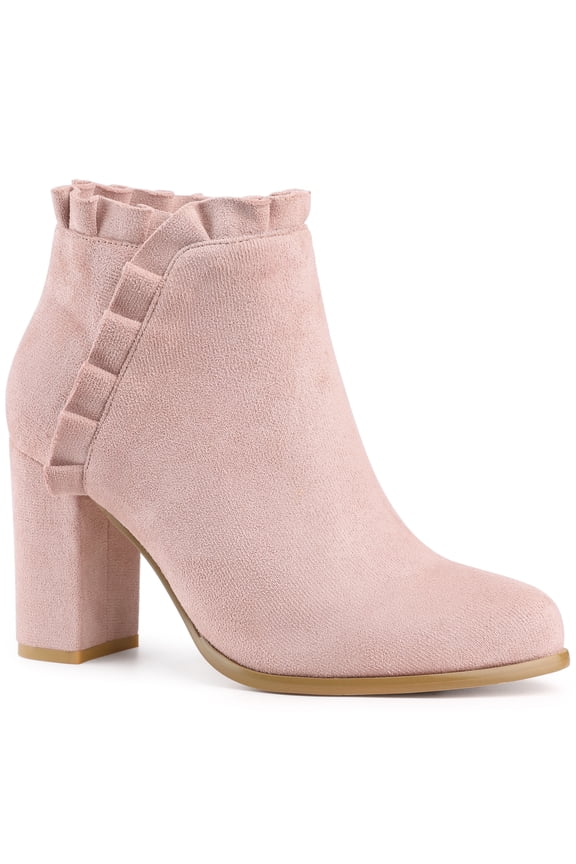 Women 's Boots Ruffle Block High Heel Round Toe Ankle Boots Dust Pink 8
