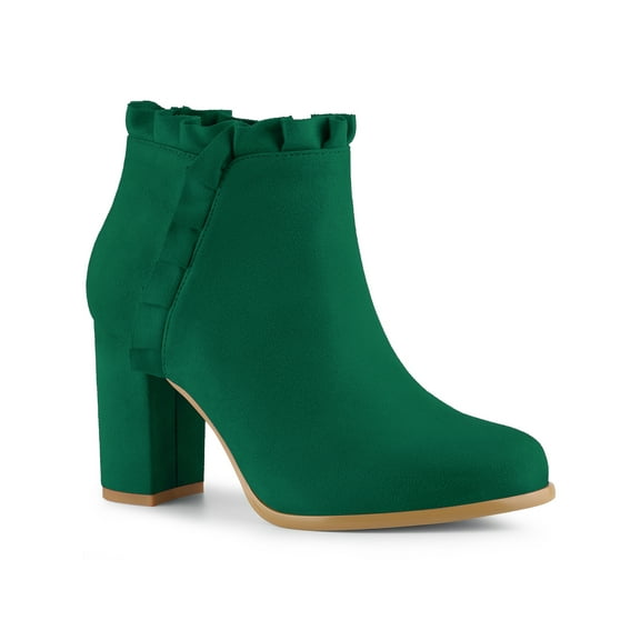 BLISSFUL STEP Women Ruffle Block High Heels Ankle Boots for Women Emerald Green 7