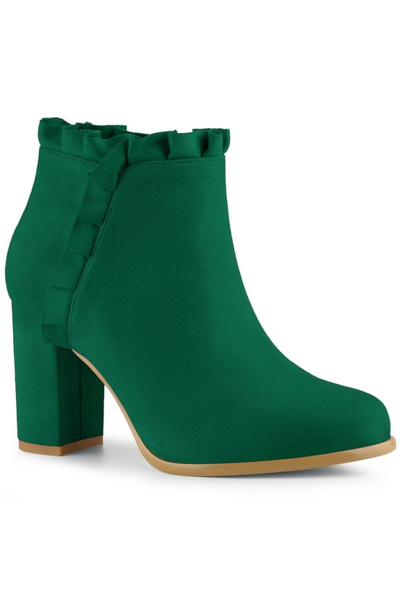 Women 's Boots Ruffle Block High Heel Round Toe Ankle Boots Emerald Green 7