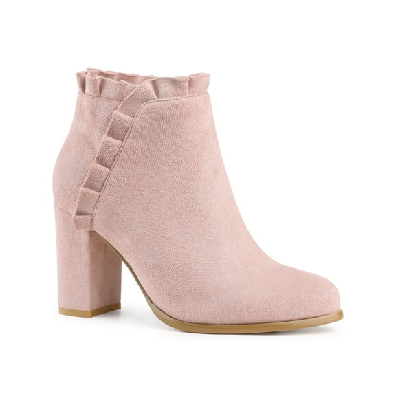 BLISSFUL STEP Women Ruffle Block High Heels Ankle Boots for Women Dust Pink 6