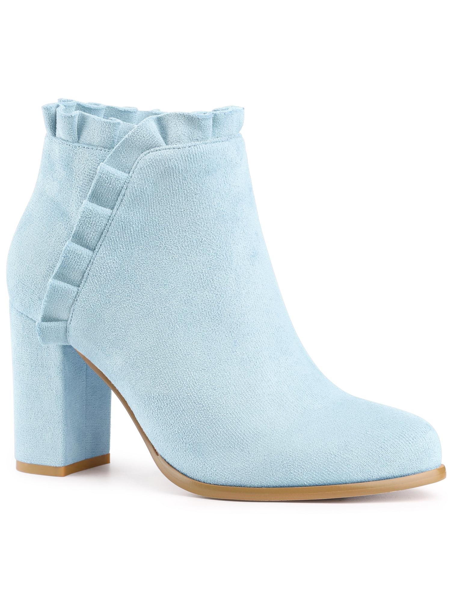 BLISSFUL STEP Women Ruffle Block High Heels Ankle Boots for Women Sky ...