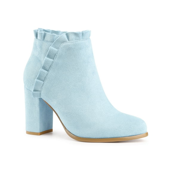 BLISSFUL STEP Women Ruffle Block High Heels Ankle Boots for Women Sky Blue 9