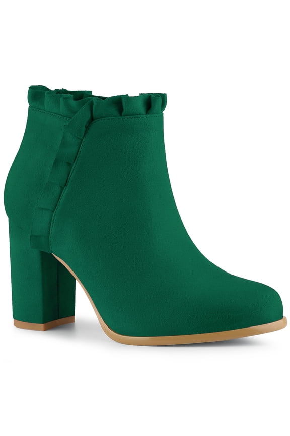 Women 's Boots Ruffle Block High Heel Round Toe Ankle Boots Emerald Green 6