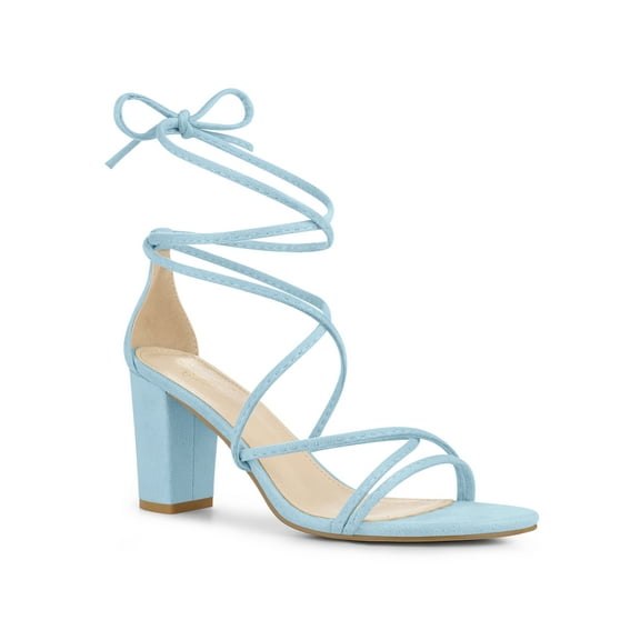 BLISSFUL STEP Women's Block Heel Sandal Strappy Lace Up Sandals Sky Blue 9