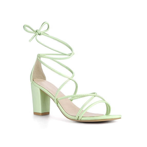 BLISSFUL STEP Women's Block Heel Sandal Strappy Lace Up Sandals Lime 6
