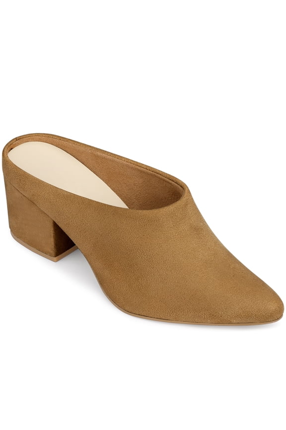 Women's Block Heels Pointed Toe Slip on Slide Mules Brown 5.5