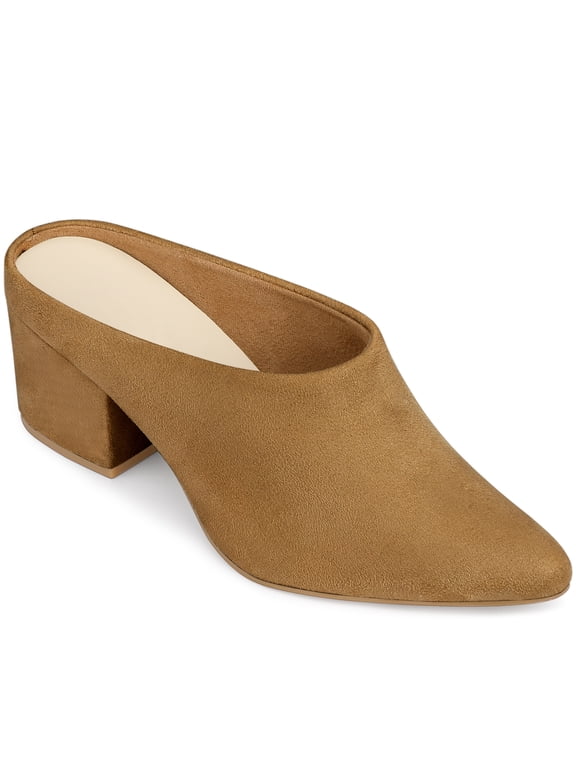 Women's Block Heels Pointed Toe Slip on Slide Mules Brown 6.5