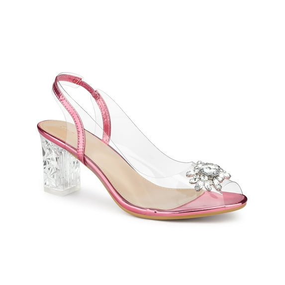 BLISSFUL STEP Women's Clear Slingback Rhines Peep Toe Block Heels Sandals