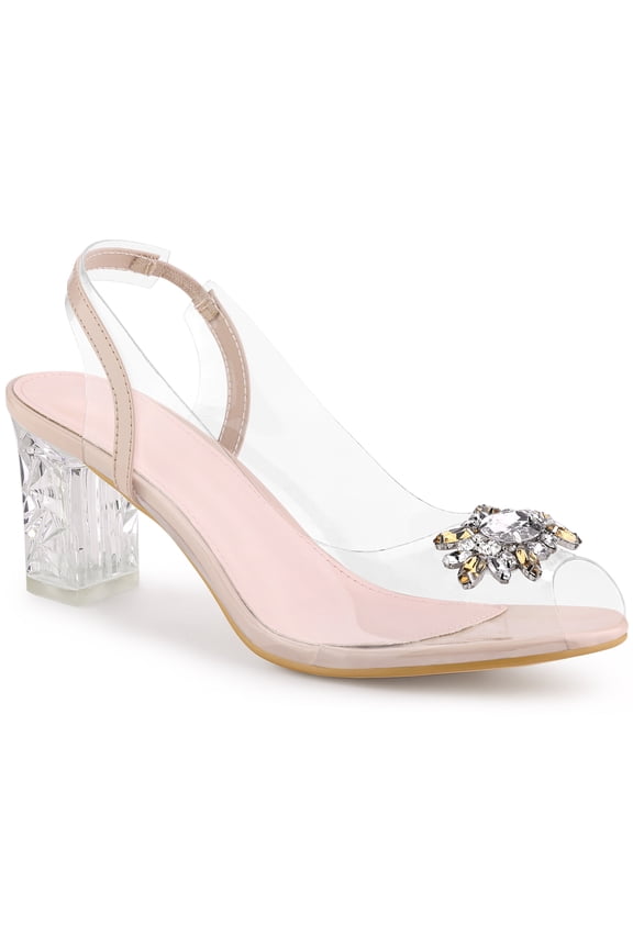 Women's Clear Rhinestone Peep Toe Block Heels Sandals Beige (Size 7.5)