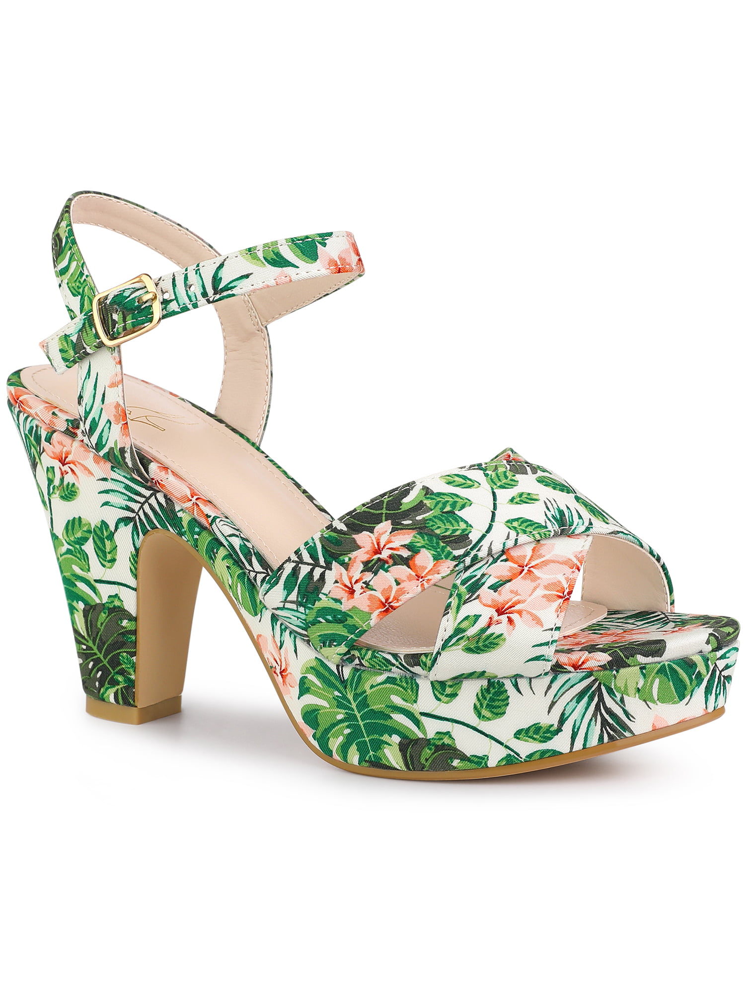 Perphy Women's Floral Platform Heel Slingback Chunky High Heels Sandals ...