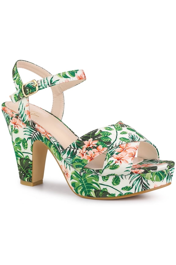 Women's Shoes Floral Pattern Platform Chunky Heel Open Toe Slingback Buckle Strap Sandals Green 7.5