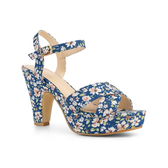 BLISSFUL STEP Women's Shoes Floral Pattern Platform Chunky Heel Open Toe Slingback Buckle Strap Sandals Dark Blue 9